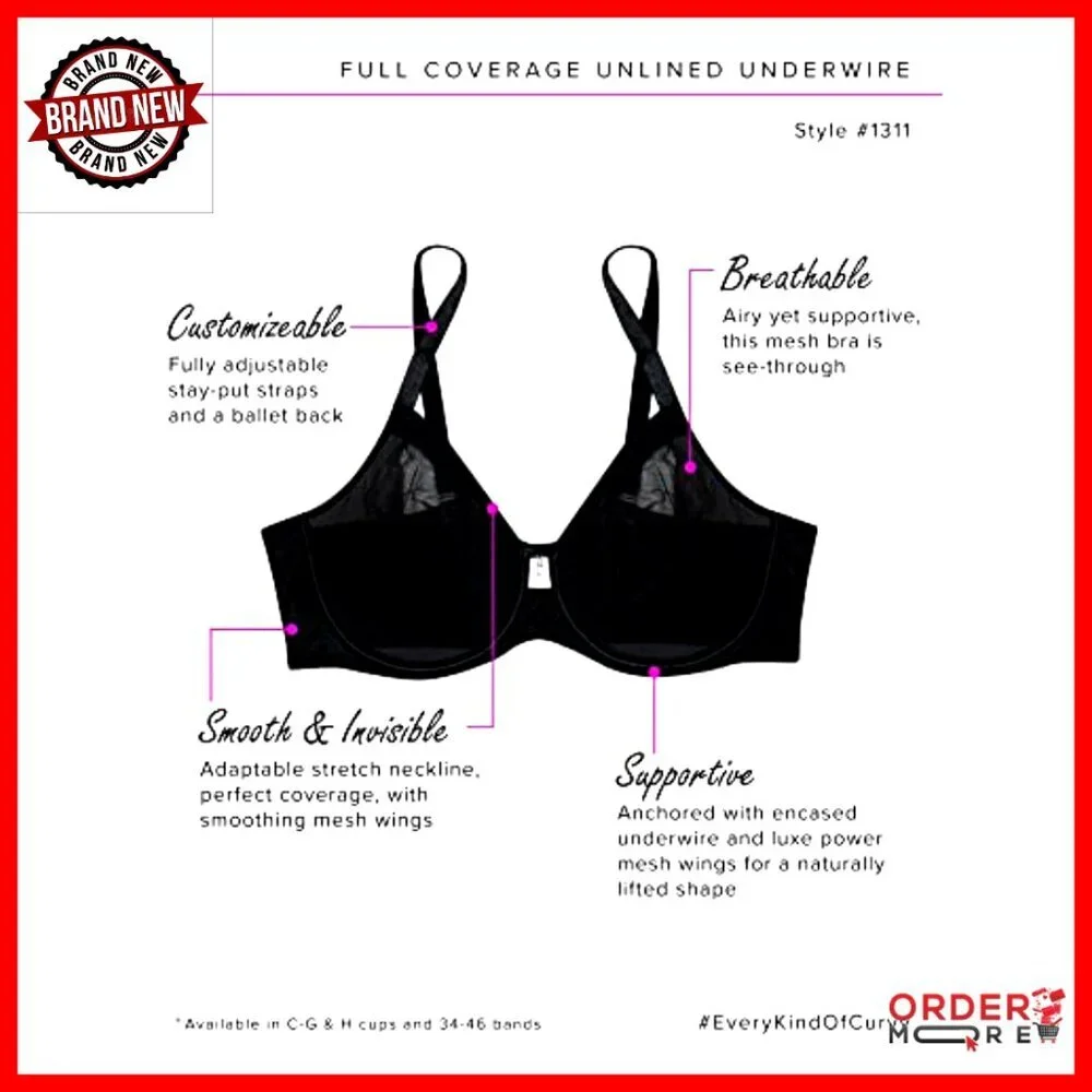 Sheer Mesh Full-Coverage Unlined Underwire Bra, Plus Size, Everyday Wear